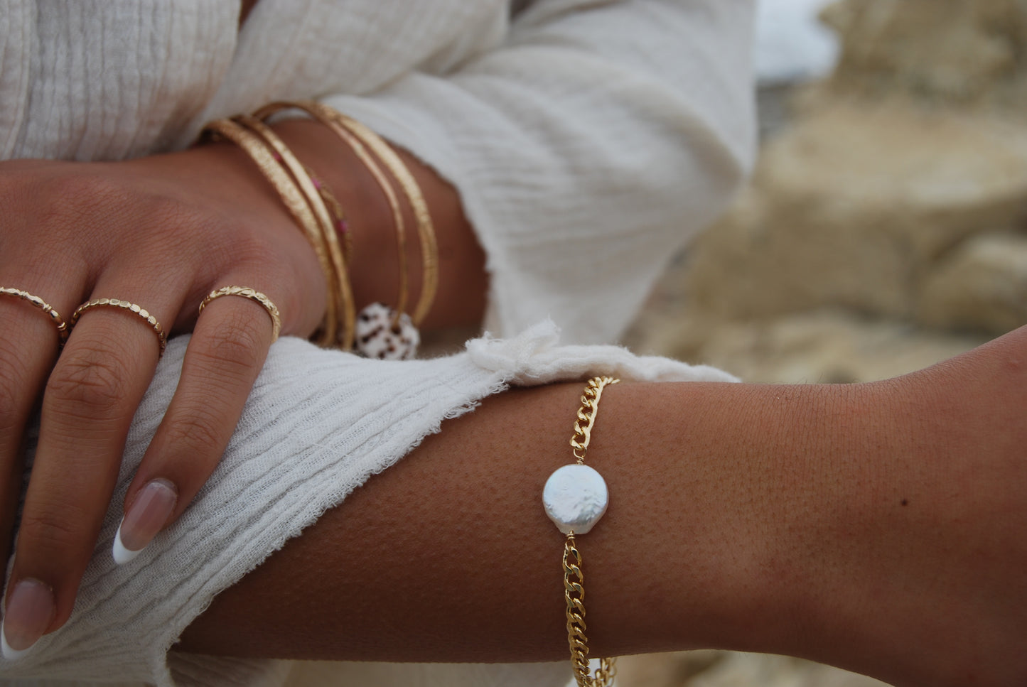 Coin Pearl Cuban Chain Bracelet